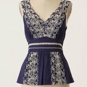 Anthropologie Floreat Anthurium Navy Peplum Top